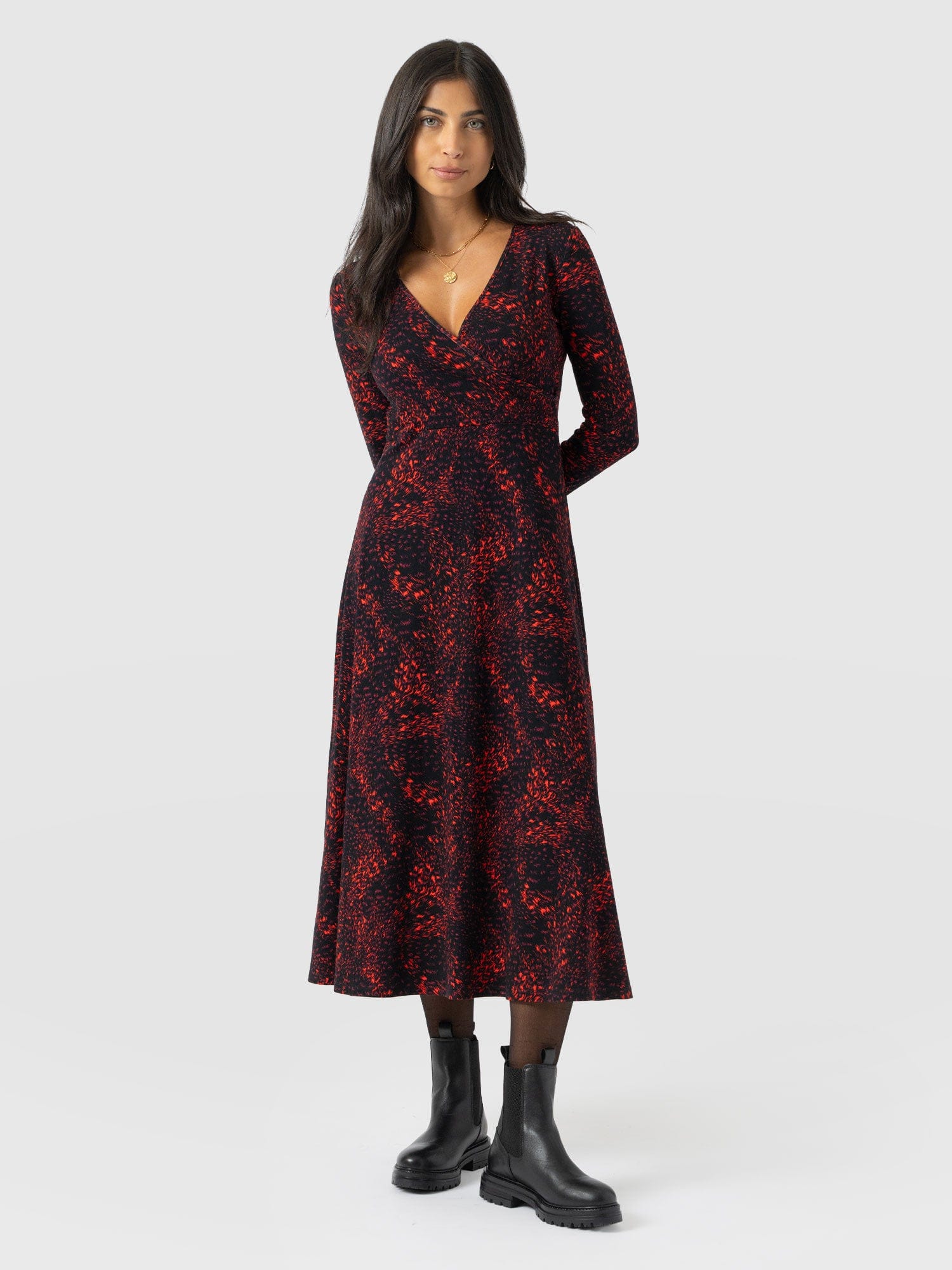 Maggie Wrap Midi Dress - Red Fade Spot